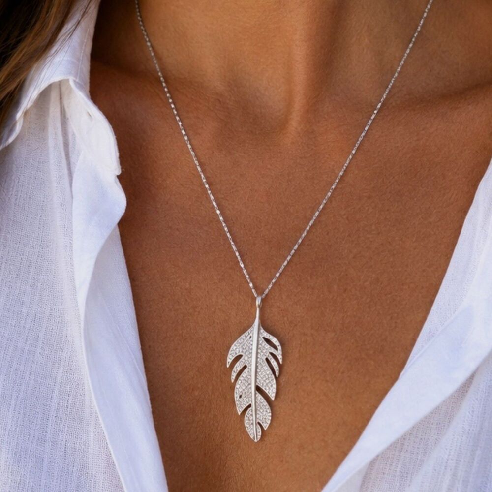 925 Sterling Silver CZ Pave Feather Pendant Necklace Boho Karen Kane